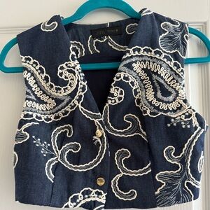 Zara Denim Navy and Cream Embroidered Jacket